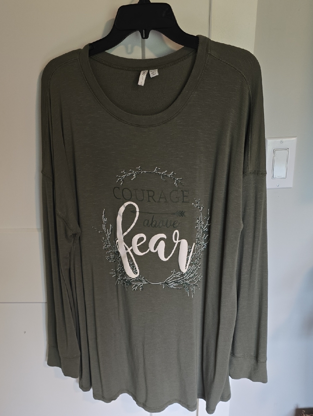 Cato Olive Green Long Sleeve Top with 'Courage Above Fear' Graphic